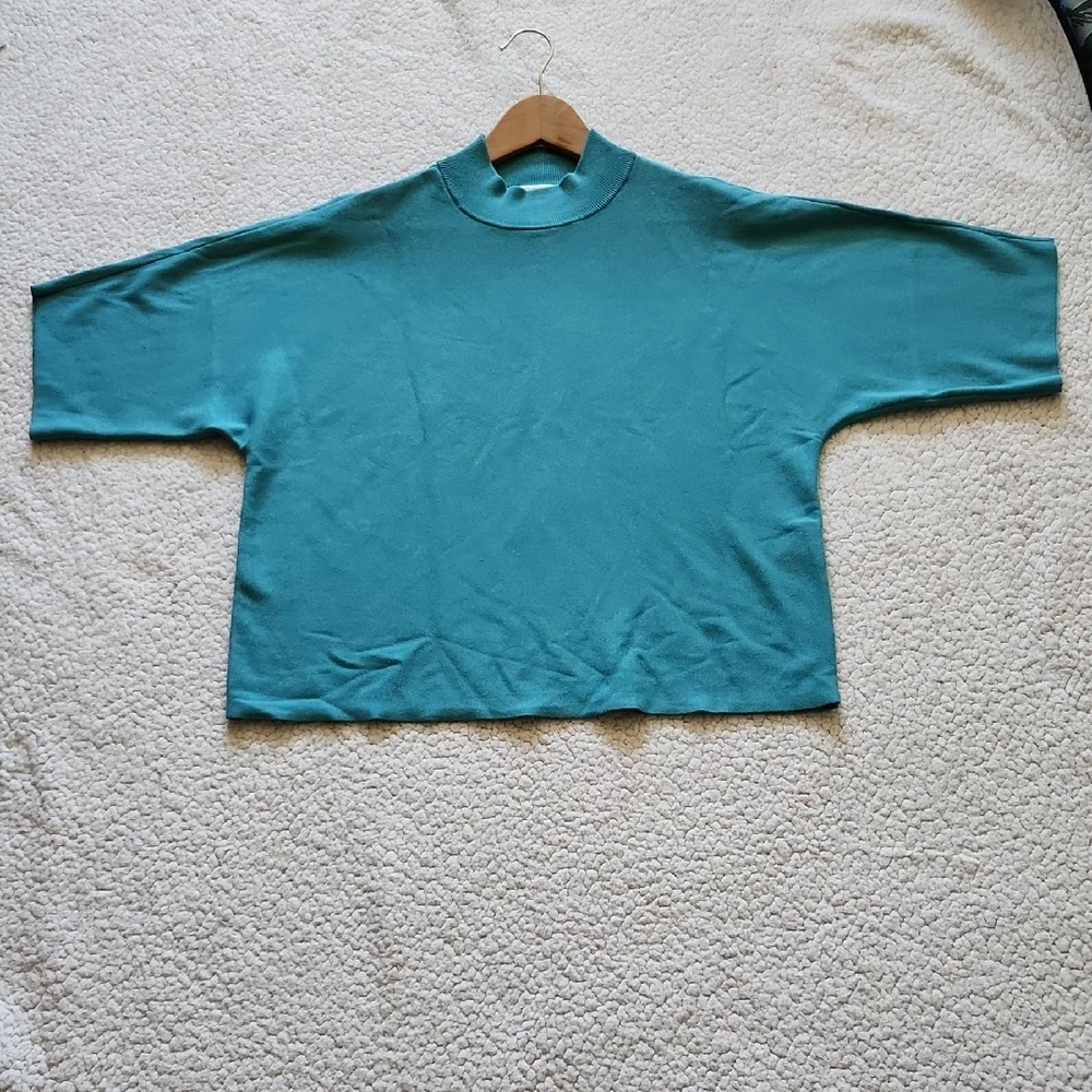 Chico's Teal Sweater Short Sleeve Mock Neck Wide Elbow Sleeves Sz L (2) Soft - Picture 14 of 16
